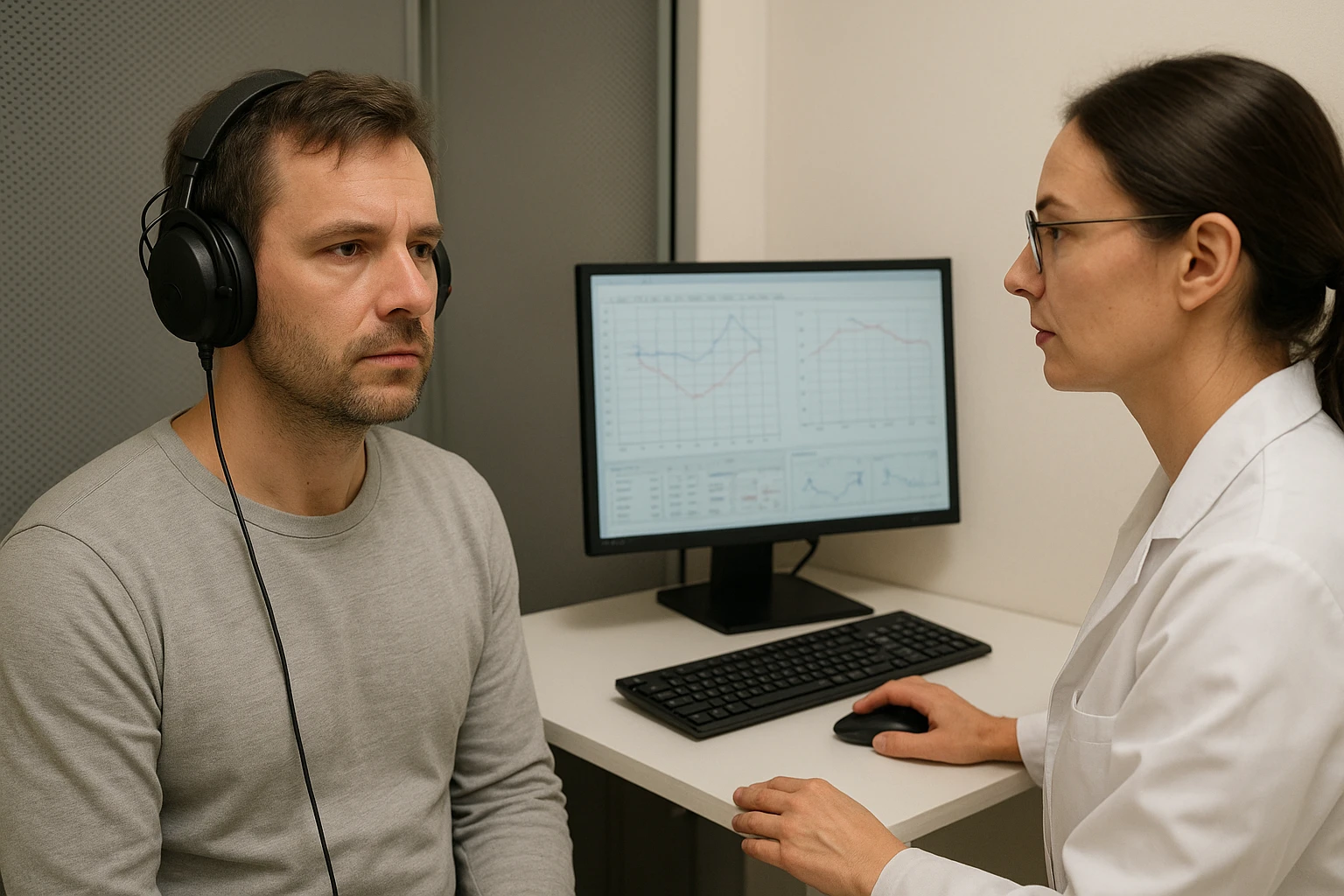 Nahaufnahme einer Audiometrie-Untersuchung bei Tinnitus: Patient sitzt in einer schallisolierten H&ouml;rkabine mit Kopfh&ouml;rern, Audiologe beobachtet am Monitor, helles neutrales Licht, nat&uuml;rliche Farben, realistische Details, medizinische Fotografie, keine Texte im Bild.