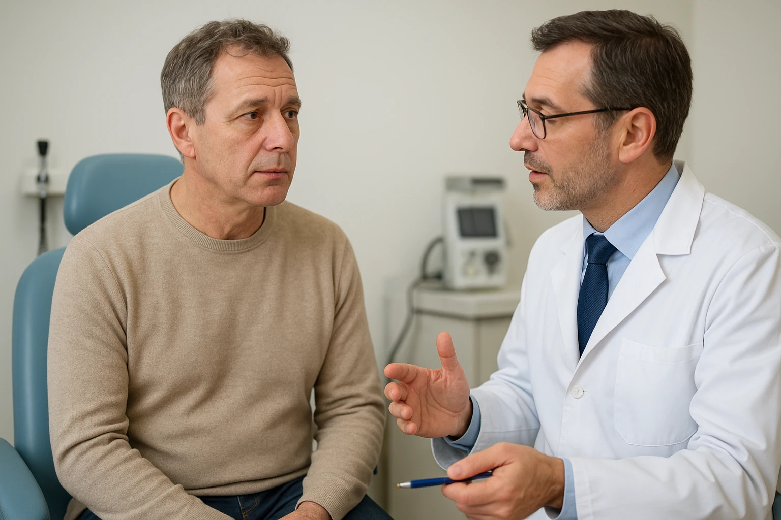 Mann um die 50 in einer HNO-Sprechstunde, sitzt auf dem Untersuchungsstuhl, der Arzt erkl&auml;rt ihm ruhig etwas von der Seite, medizinische Ger&auml;te dezent im Hintergrund, klinisch-sauberer Look, realistische Farben, ausgewogene (neutrale) Farbtemperatur, mittlere Sch&auml;rfentiefe (50mm), respektvolle, sachliche Atmosph&auml;re, nat&uuml;rliche Hautt&ouml;ne und Beleuchtung. &nbsp;n