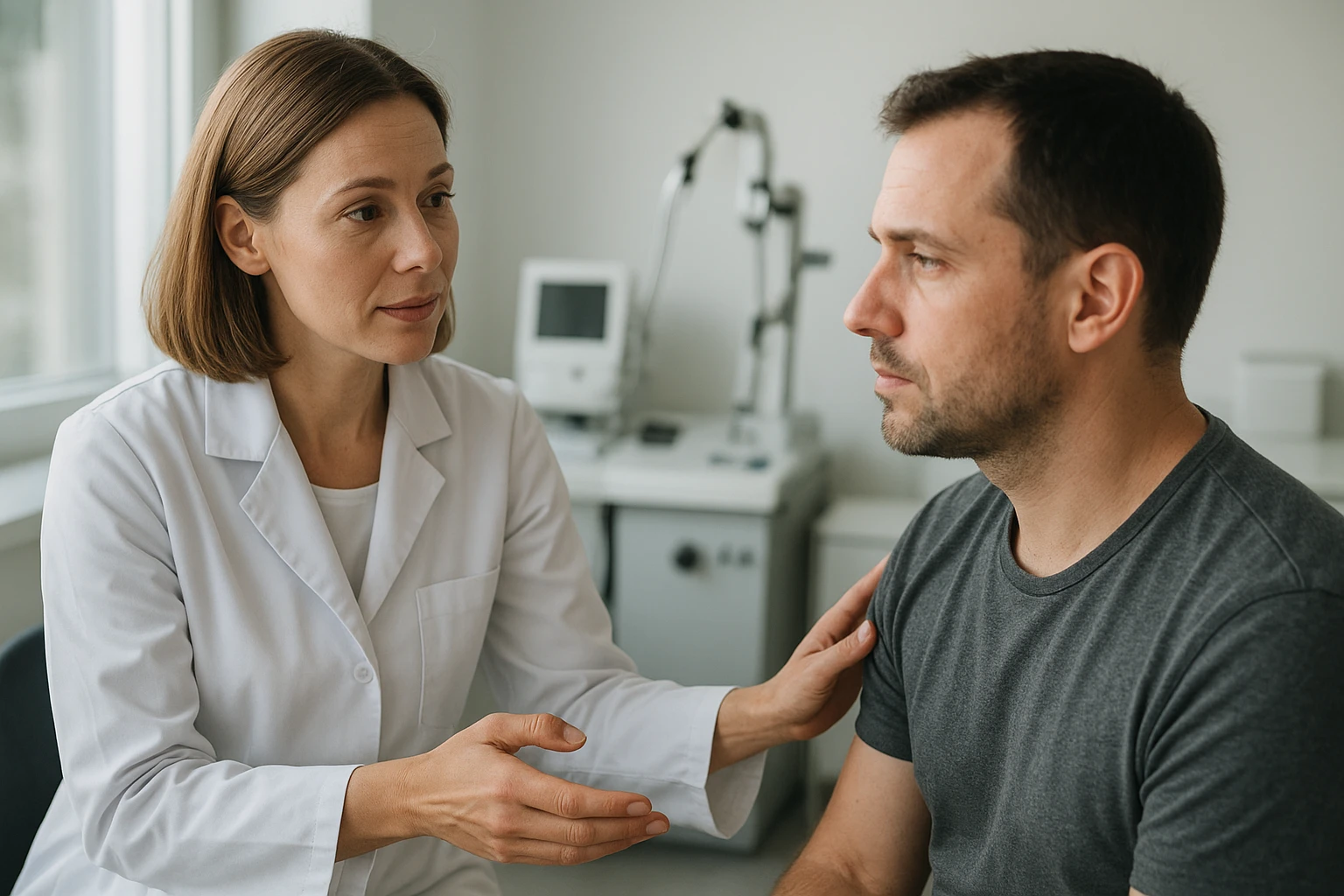 Ein realistisches Foto in einer modernen HNO-Praxis: eine &Auml;rztin spricht beruhigend mit einem erwachsenen Patienten &uuml;ber Tinnitus-Behandlung, klinische Umgebung, nat&uuml;rliche Hautt&ouml;ne, weiches Tageslicht, dokumentarischer Stil, keine sichtbaren Texte oder Logos.
