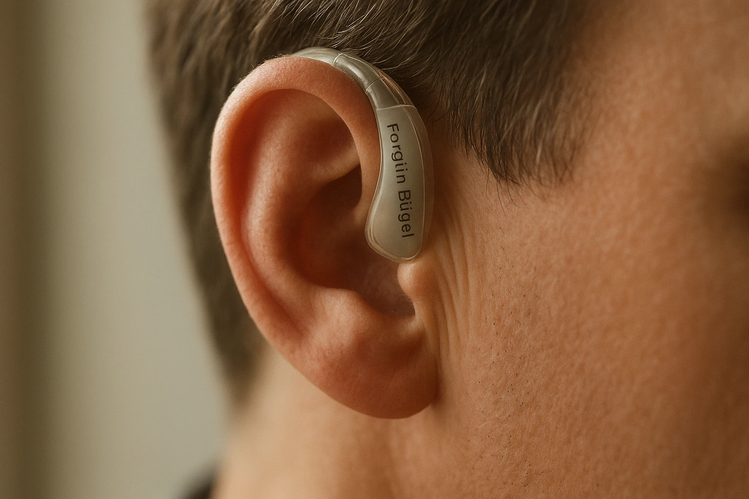 Nahaufnahme eines Erwachsenen-Ohrs mit diskretem, hinter-dem-Ohr angebrachten B&uuml;gel mit sichtbarer Beschriftung "Forgtin B&uuml;gel". Nat&uuml;rliche Hautt&ouml;ne, weiches Fensterlicht, realistische Details, warme Farbtemperatur (ca. 5400&ndash;5600K), geringe Tiefensch&auml;rfe, hochwertige Fotografie im dokumentarischen Stil.