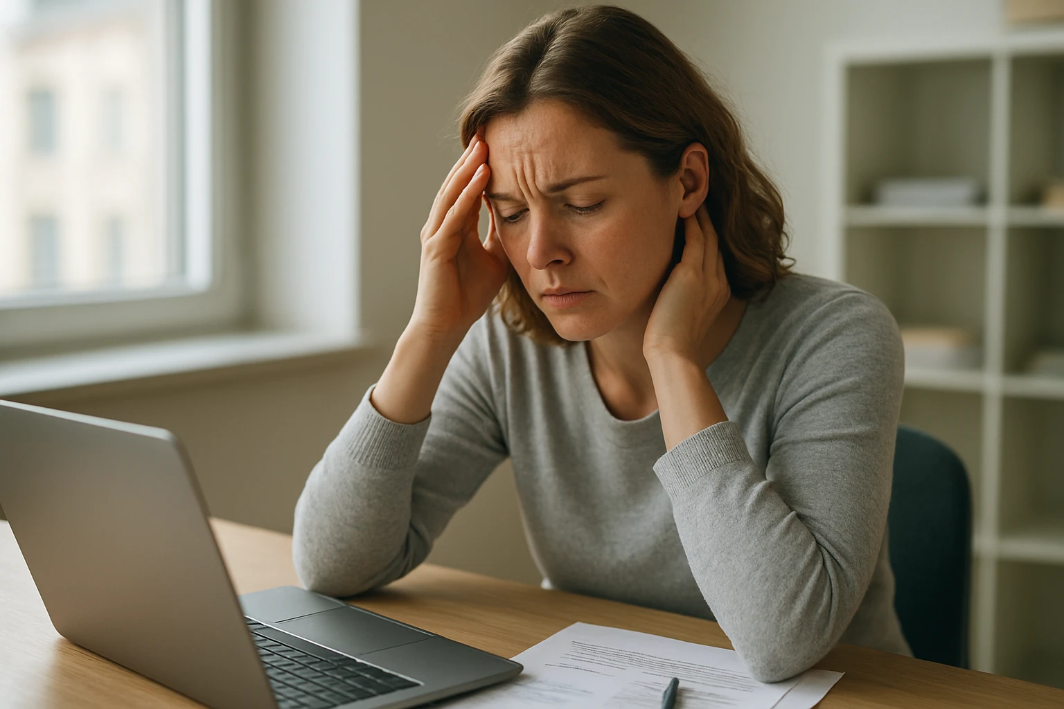 Junge Frau Mitte 30 sitzt an einem aufger&auml;umten Schreibtisch im B&uuml;ro, wirkt gestresst und h&auml;lt sich mit einer Hand an der Schl&auml;fe und dem Ohr, Laptop und Papiere im Vordergrund, Tageslicht durch ein Fenster, nat&uuml;rliche realistische Farben, neutrale Tageslicht-Farbtemperatur, leichte Hintergrundunsch&auml;rfe (35mm), authentische Mimik und Hauttextur, ruhige, journalistische Bildsprache.
