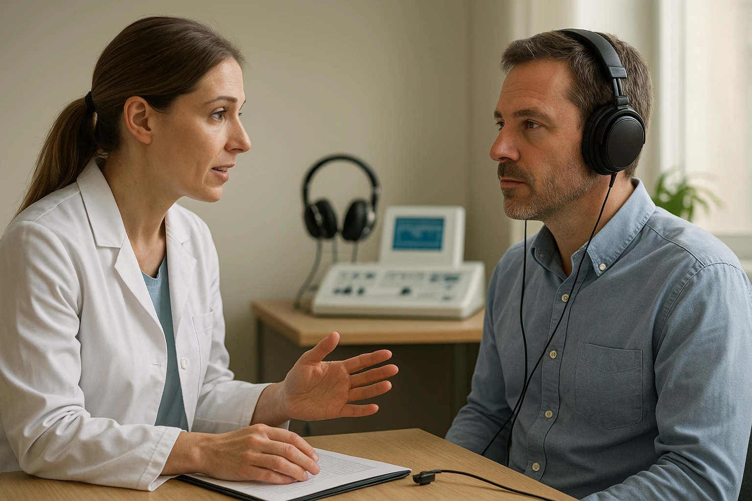 Fotorealistische Szene in einer HNO-Praxis: &Auml;rztin erkl&auml;rt einer Patientin behutsam m&ouml;gliche Ursachen von Tinnitus, beide sitzen an einem Schreibtisch mit unauff&auml;lligen Unterlagen und H&ouml;rtest-Ger&auml;ten im Hintergrund, nat&uuml;rliches Tageslicht, realistische K&ouml;rperhaltung, neutrale bis warme Farbtemperatur, keine Schrift im Bild, keine Diagramme im Vordergrund, professionell und vertrauensw&uuml;rdig, hohe DetailtreuenFotorealistisches Bild einer entspannt wirkenden Frau zu Hause im Wohnzimmer, die Kopfh&ouml;rer mit sanfter Entspannungsmusik tr&auml;gt und auf einem Sofa sitzt, dezente Wohlf&uuml;hlatmosph&auml;re, Pflanzen und warmes Licht im Raum, realistische Farben, nat&uuml;rliche Hautt&ouml;ne, ruhige Stimmung, keine Schrift, keine Symbolgrafiken, hohe Bildqualit&auml;tnFotorealistische Illustration eines Mannes bei einem H&ouml;rtest in einer HNO-Klinik, Audiometer und Kopfh&ouml;rer sichtbar, medizinisches Umfeld sauber und modern, der Fokus liegt auf dem Patienten und der professionellen Untersuchung, nat&uuml;rliches Licht, realistische Details, ausgewogene Farbtemperatur, kein Text, keine Infografik, authentisch und seri&ouml;s