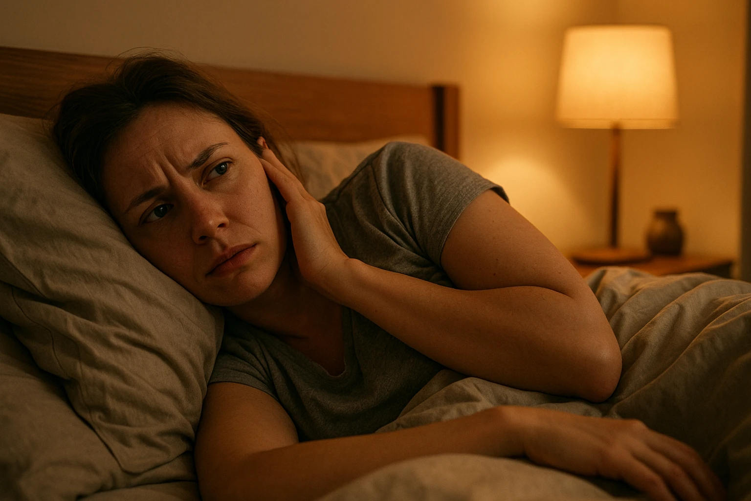 Fotorealistische Szene im Schlafzimmer bei Abendlicht: eine Person liegt wach im Bett, wirkt unruhig und m&uuml;de, h&auml;lt die Augen offen und konzentriert sich auf ein st&ouml;rendes Ohrger&auml;usch, dezente warme Farbtemperatur, nat&uuml;rliche Umgebung, realistische Details, keine Schrift, kein Symbol-Overlay, Artikelbild zum Thema Tinnitus-Symptome.