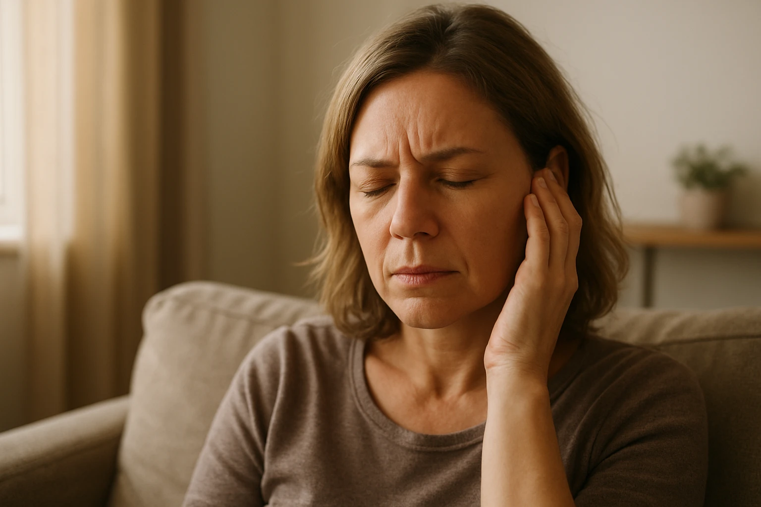 Headerbild: Nahaufnahme einer Mitte-40-j&auml;hrigen Frau in Wohnung, sie sitzt auf dem Sofa, die Augen halb geschlossen, eine Hand an das Ohr gelegt, Gesichtsausdruck angespannt; warm-nat&uuml;rliches Fensterlicht, neutrale bis leicht warme Farbtemperatur (ca. 3500&ndash;4500K), geringe Tiefensch&auml;rfe, realistische Hautt&ouml;ne, ruhige, intime Atmosph&auml;re, fotorealistischer Stil.