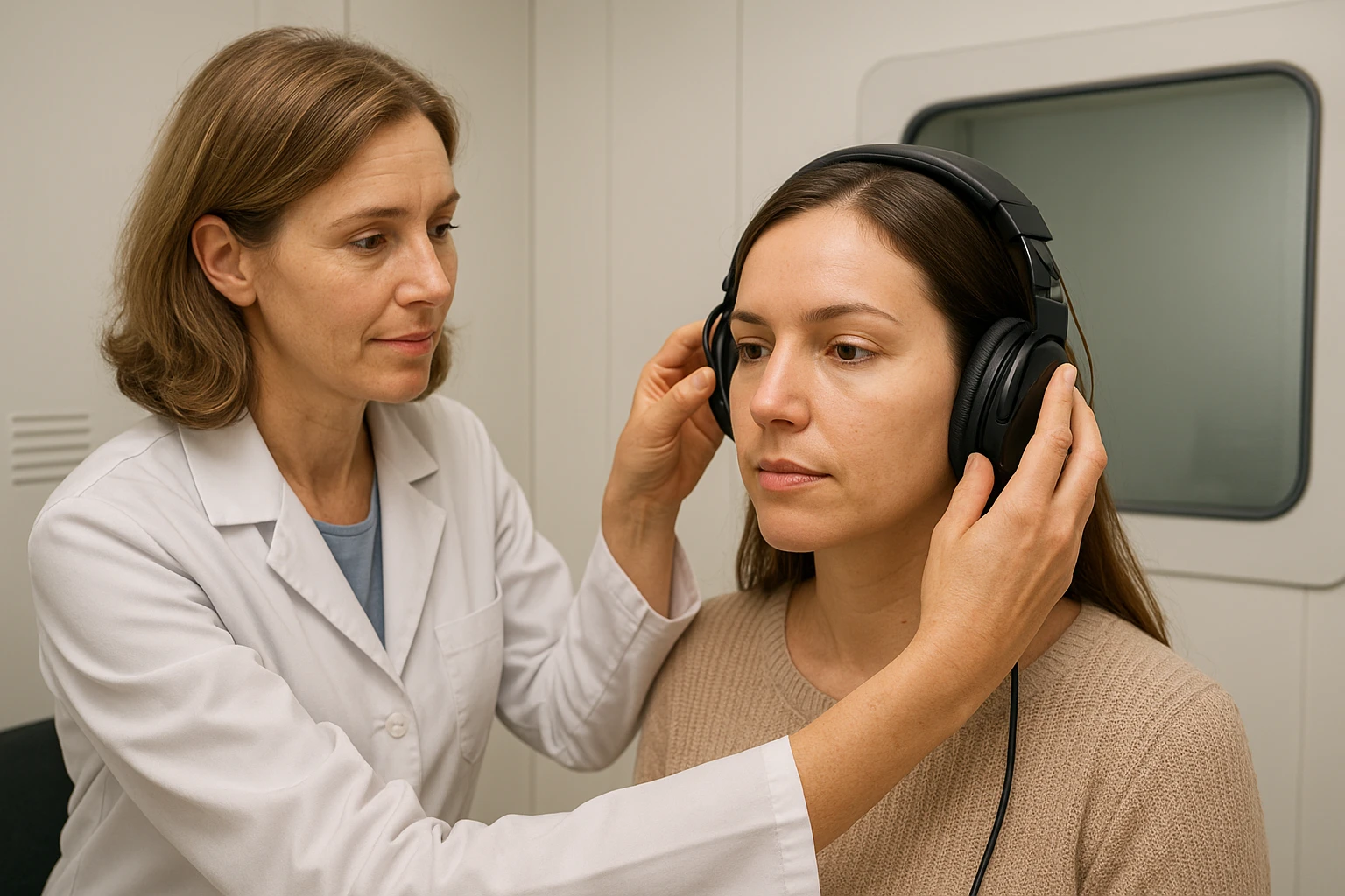Realistische Nahaufnahme eines H&ouml;rtests bei Tinnitus-Behandlung: Audiologe setzt einer Patientin Kopfh&ouml;rer auf, modernes H&ouml;rkabinen-Setting, sauber und medizinisch authentisch, nat&uuml;rliche Hautt&ouml;ne, ausgewogene, leicht warme Beleuchtung, fotorealistisch.