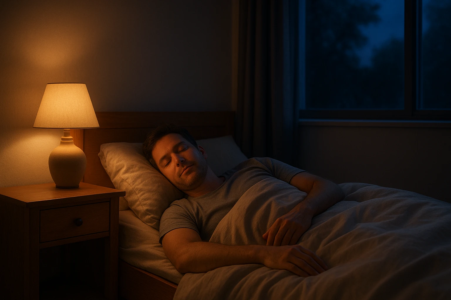 Ein realistisches, beruhigendes Schlafzimmer bei Nacht: Eine erwachsene Person liegt entspannt im Bett, die Augen geschlossen, sanftes warmes Licht einer Nachttischlampe, dezente blaue Nachtstimmung durch das Fenster, natürliche Farben, fotorealistisch, keine Texte, keine Logos.