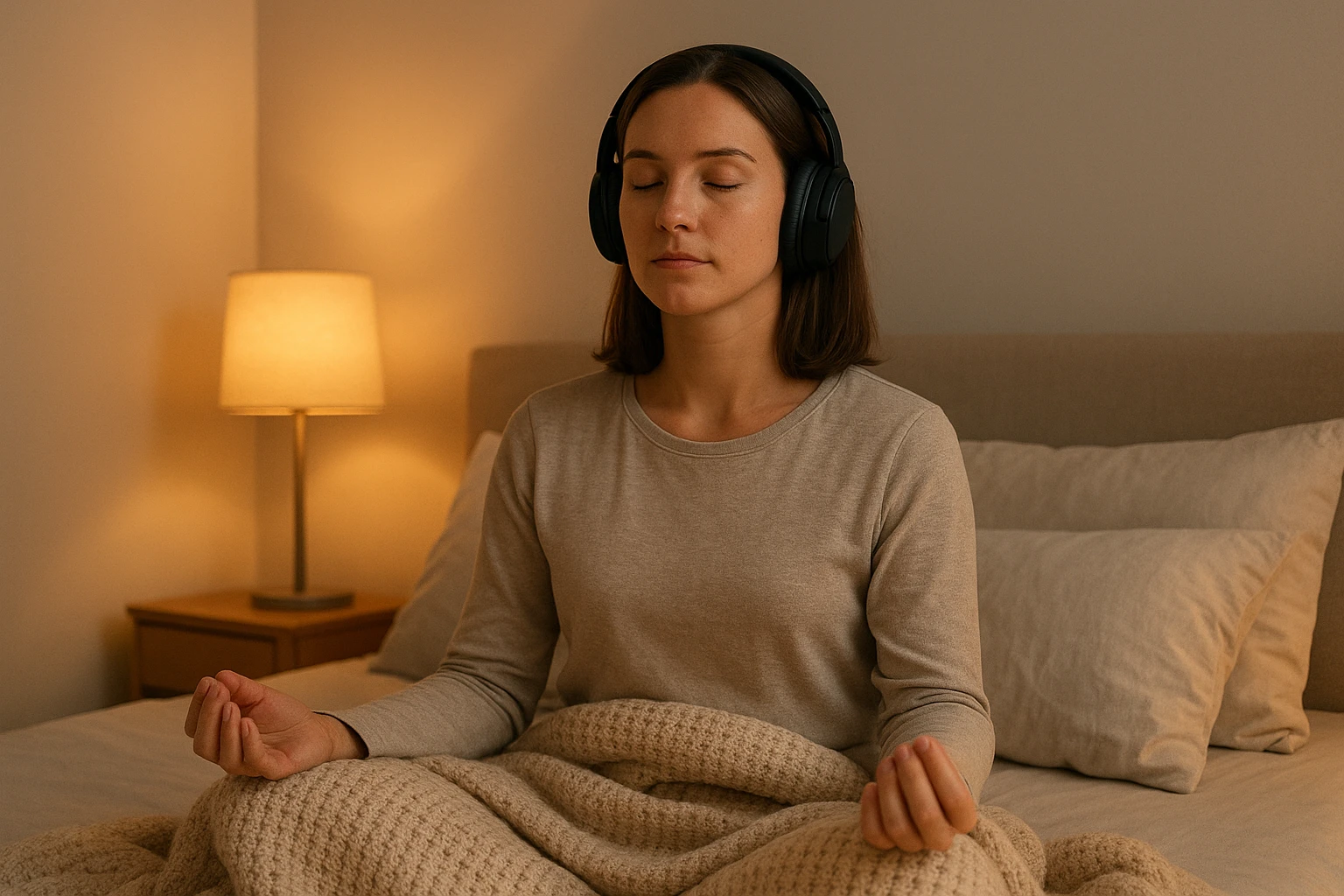 Eine natürliche Szene einer Einschlafmeditation mit Hypnose: Eine Person sitzt entspannt auf dem Bett mit Kopfhörern, Augen geschlossen, ruhige Atmung, weiche Decken und Kissen, gedämpfte Beleuchtung, warme und ausgewogene Farbtemperatur, realistische Fotografie, kein Surrealismus, kein Text im Bild.