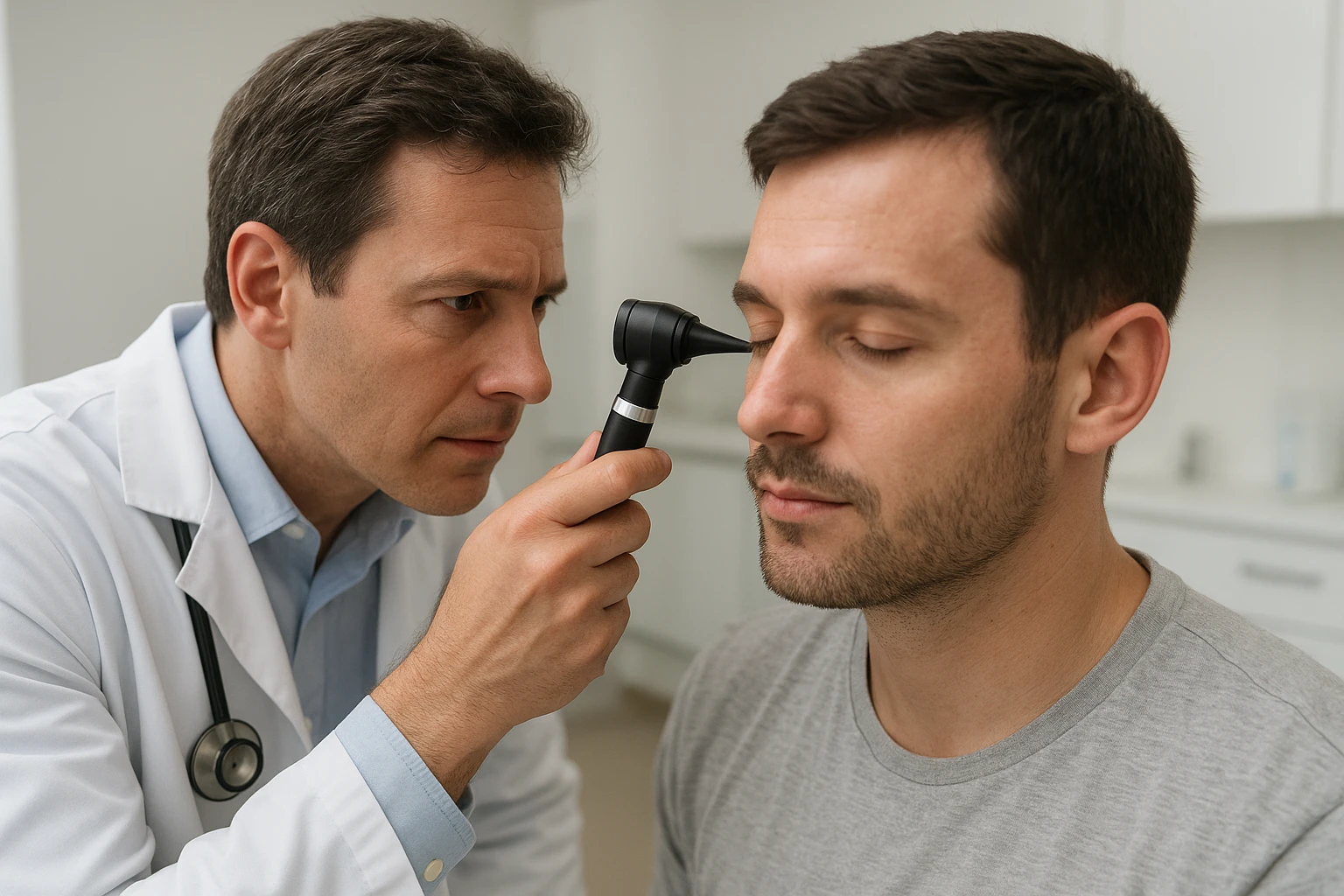 A realistic close-up of an ENT doctor examining a patient's ear with an otoscope in a modern clinic, clean environment, natural color temperature, soft clinical lighting, authentic medical scene, no labels or text, editorial style image for an article about ear noise and tinnitus in German media context, natural and realistic photography style