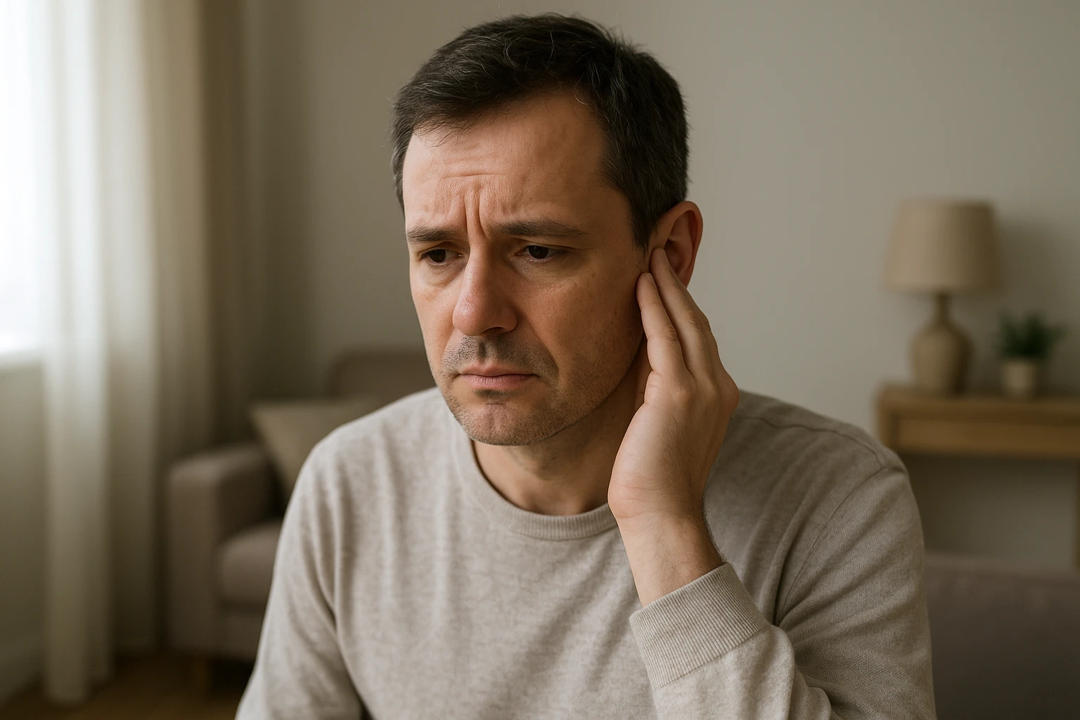 A natural, realistic editorial photo of an adult sitting in a quiet living room, gently touching one ear with a slightly concerned expression, soft daylight, neutral colors, shallow depth of field, no text, no medical equipment, realistic skin tones, article illustration for tinnitus